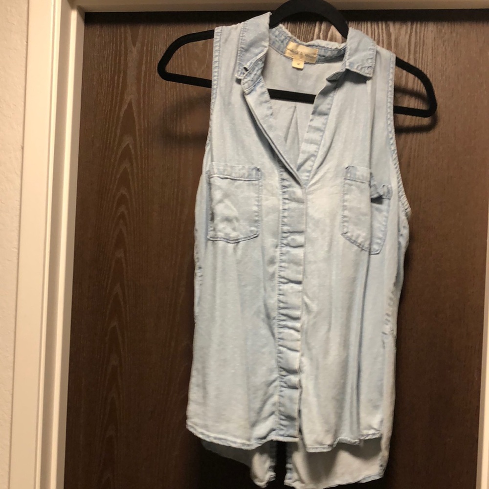 Chambray with white polka dot sleeveless top